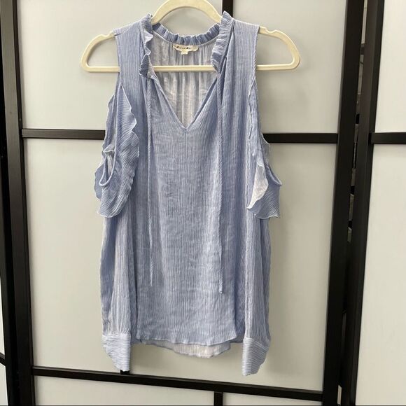 [s] Jane & Delancey Baby Blue Boho Ruffle Long Sleeve Cold Shoulder Blouse - Picture 2 of 13